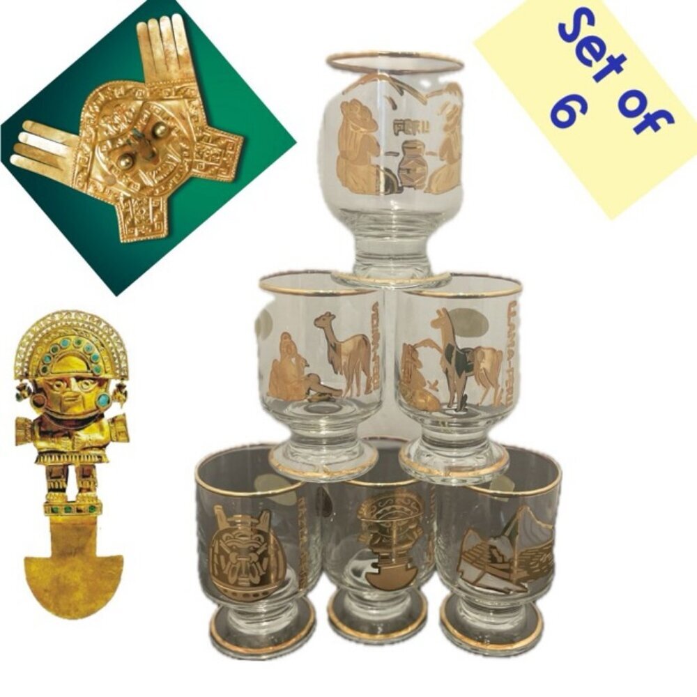 VTG set of 6 Goblets Glass Artesanía 14k INKA Embossed Peruvian hand made BOHO